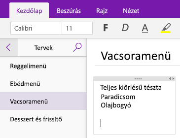 Képernyőkép egy jegyzettárolóról, amely egy OneNote-lapon látható