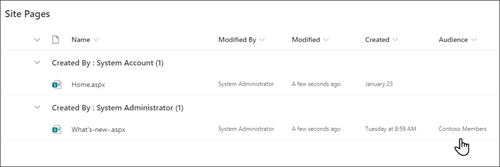 A webhelylapok listájának képe. A második elem egy hírbejegyzés. Az Audience (Célközönség) oszlopban a Contoso members (Contoso-tagok) felirat látható.