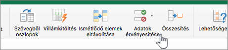 Az Excel-eszköztár Adatok menüje, amelyben az Érvényesítés elem van kijelölve