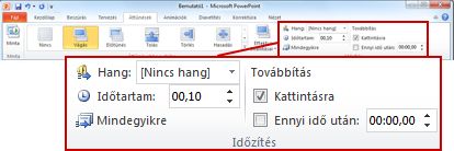 Az Áttűnések lap Időzítés csoportja a PowerPoint 2010 menüszalagján.