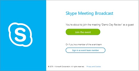 SkypeCast-esemény bejelentkezési lapja névtelen értekezlet esetén