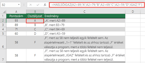 HAELSŐIGAZ függvény Osztályzatok példa.  A B2 cellában lévő képlet a következő:  =HAELSŐIGAZ(A2>89;"A";A2>79;"B";A2>69;"C",A2>59;"D",IGAZ,"F")