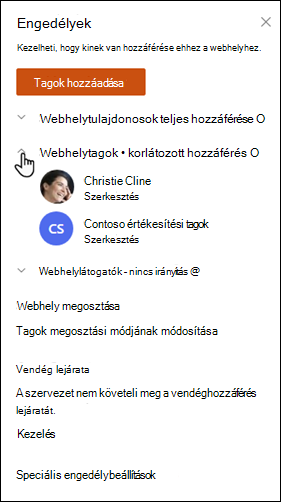 SharePoint-webhelyengedélyek listája kibontott webhelytagokkal.