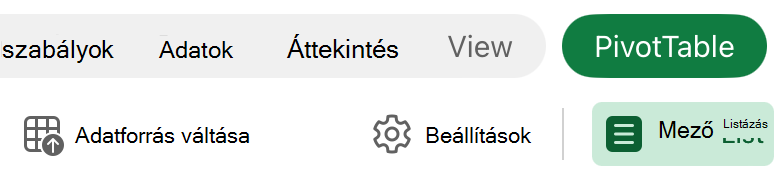 Az iPad-alapú Excel Adatforrás módosítása gombja a menüszalagon