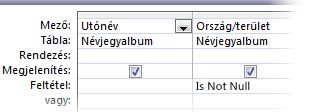 Az Is not feltétel a lekérdezéstervezőben