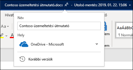 A dokumentum címéből legördülő menü az Office 365-ös Wordben