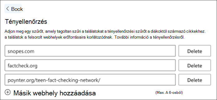 Képernyőkép a beállítások tényellenőrzési lehetőségéről. Három alapértelmezett tényellenőrző webhely jelenik meg a listában – ezek törölhetők, és más webhelyek adhatók hozzá az oktatók igényeinek megfelelően