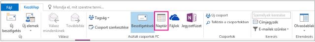 A Naptár gomb a csoportok menüszalagján az Outlookban