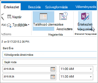 Képernyőkép az Outlook Értekezleti feljegyzések gombjáról