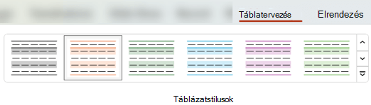 A Táblázattervezés lapon számos előre definiált táblázatstílus közül választhat, így gyorsan alkalmazhat különböző formázásokat a táblázatokra.
