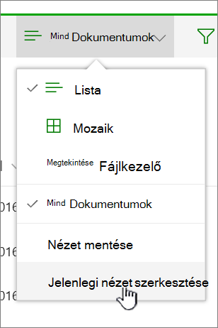A Nézetbeállítások menü az aktuális nézet szerkesztése gombbal