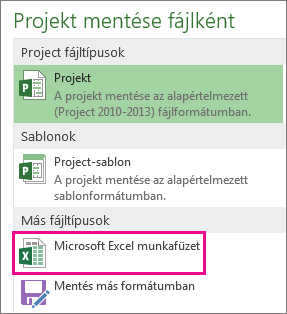 Projektfájl mentése Microsoft Excel-munkafüzetként