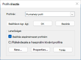 Válassza ki a Profil párbeszédpanelt az új profil nevével. A Beállítás alapértelmezett profilként lehetőség van kiválasztva.