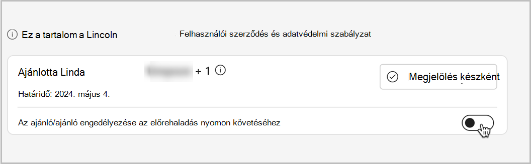 Képernyőkép egy tanfolyamon belül, amelyen engedélyezhet egy kapcsolót, amellyel az ajánlók nyomon követhetik a tanfolyam előrehaladását.