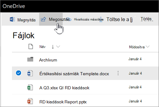 OneDrive a kijelölt fájllal és a megosztás gombbal