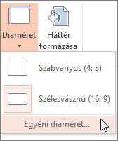 Egyéni diaméret menüpont