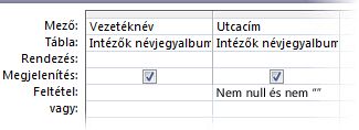 A lekérdezéstervező és a nem null értékű, nem üres Város mező megjelenítéséhez használandó feltétel.