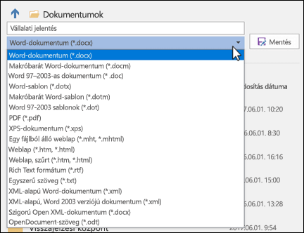 A fájltípusok legördülő menüjére kattintva választhat fájlformátumot a dokumentum számára