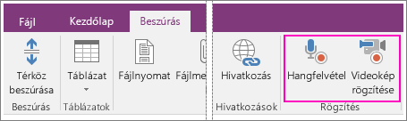 Képernyőkép a OneNote 2016 Beszúrás lapjának hang- és videogombjairól