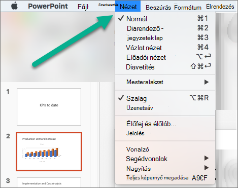 A Nézet menü a PowerPointban