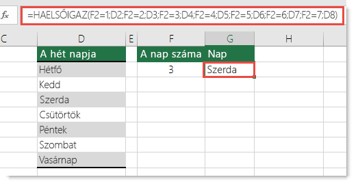 HAELSŐIGAZ függvény – Példa a hét napjaira – A G2 cellában lévő képlet :  =HAELSŐIGAZ(F2=1,D2,F2=2,D3,F2=3,D4,F2=4,D5,F2=5,D6,F2=6,D7,F2=7,D8)