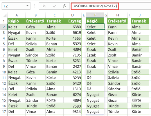 A SORBA.RENDEZ függvény adattartományok sorba rendezésére szolgál. Az alábbiakban a =SORBA.RENDEZ(A2:A17) képlettel sorba rendezzük a Régi oszlopot, majd a H2 és a J2 cellába másolva rendezzük az Üzletkötő és a Termék oszlopot.