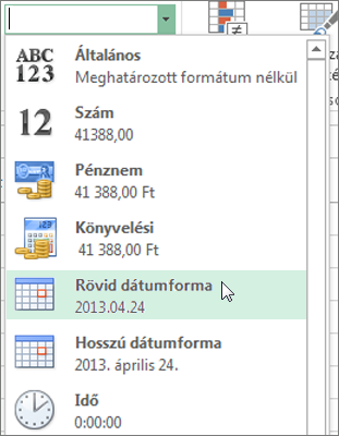 A Rövid dátumforma elem a Számformátum listában