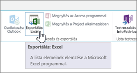 A SharePoint menüszalagján kiemelt Exportálás: Excel gomb