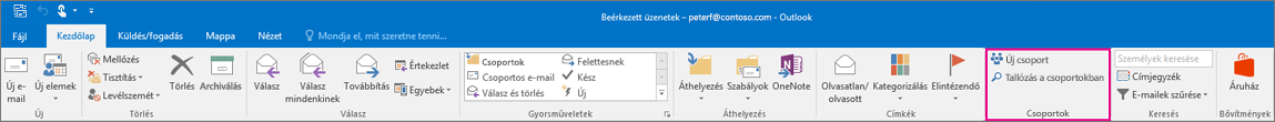 A csoportok beállításai az Outlook fő menüszalagján