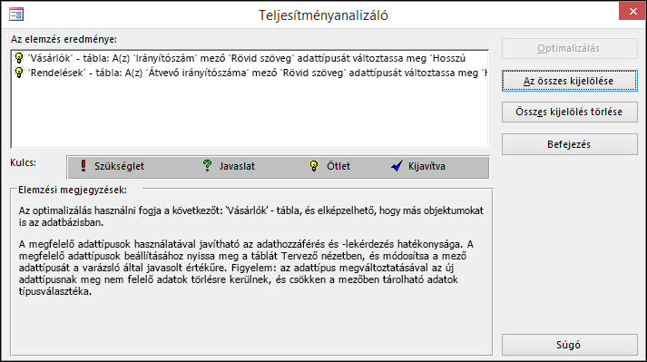 A teljesítményanalizáló eredményeit megjelenítő párbeszédpanel egy Access-adatbázison való futtatás után.