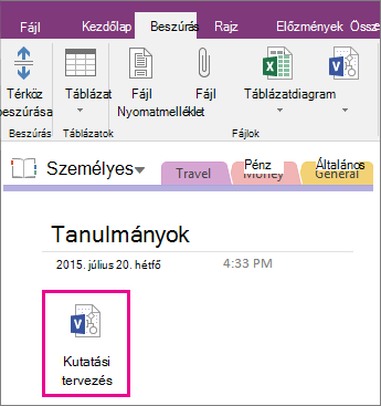 Képernyőkép arról, hogy miként csatolhat Visio-fájlt egy OneNote 2016-laphoz.