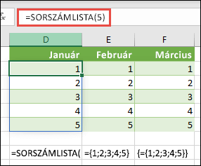 Függőleges tömbkonstans létrehozása a következővel: =SORSZÁMLISTA(5) vagy ={1;2;3;4;5}