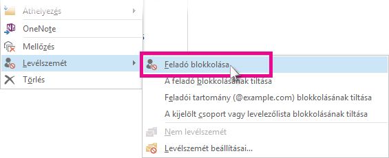 Feladó blokkolása parancs az üzenetlistában