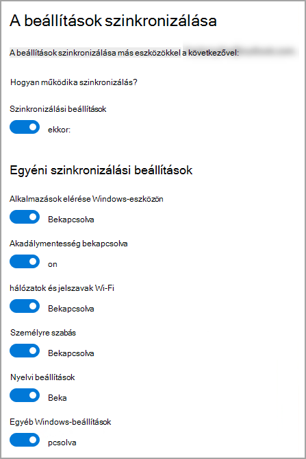 A beállítások szinkronizálása a Windows 10 Beállítások lapon.