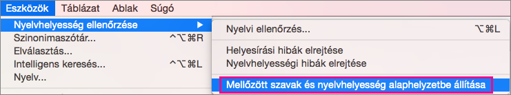 A Word által mellőzött szavak és nyelvhelyességi hibák listáinak törléséhez kattintson a Mellőzött szavak és nyelvhelyesség alaphelyzetbe állítása elemre.