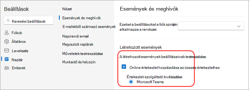 A Naptár beállításai között állítsa be a Microsoftot az alapértelmezett online értekezlet-szolgáltatóvá.