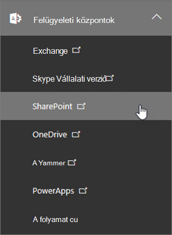 Rendszergazda listáját az Office 365-höz, többek között a SharePoint középre igazítása.