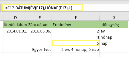 =DÁTUMTÓLIG(D17;E17;"md") és az eredmény 5