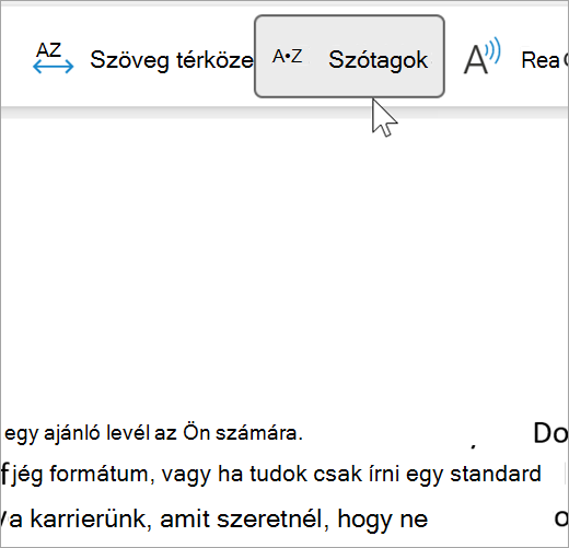 A modern olvasó kijelölt Szótag funkciójának képernyőképe, amelyen néhány szó látható egy e-mailben, szótagokra bontva. a szójavaslat a következőképpen jelenik meg: rec dot om dot men dot da dot tion