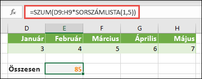 Tömbkonstansok használata képletekben. Ebben a példában a =SZUM(D9:H(*SORSZÁMLISTA(1;5)) függvényt használtuk