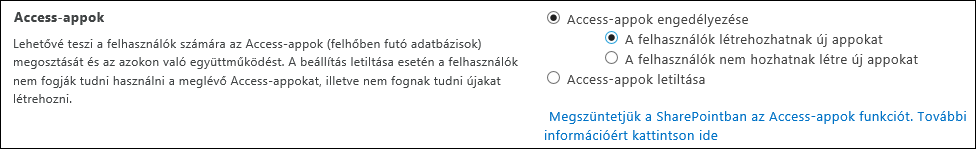 Képernyőkép az Access-appok beállításairól a SharePoint Felügyeleti központban