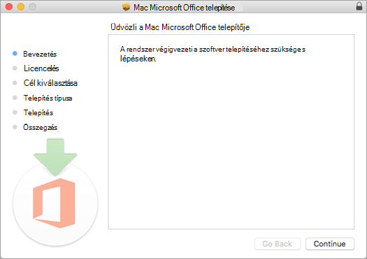 A Mac 2016 első telepítési képernyője a kiemelt „Folytatás” gombbal