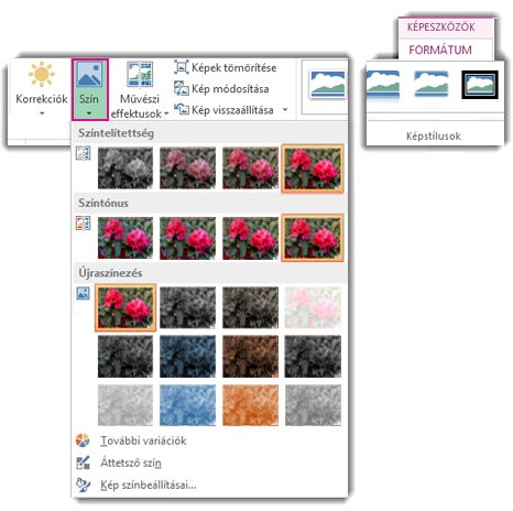 A Képeszközök Formátum lapjáról a Szín gombbal megnyitott menü