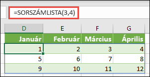 3 soros és 4 oszlopos tömbállandó létrehozása a =SORSZÁMLISTA(3;4) függvénnyel