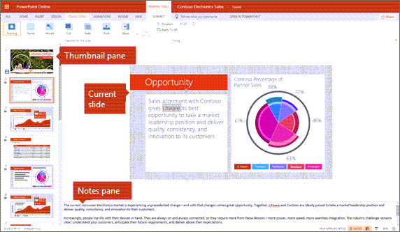 Szerkesztési nézet a PowerPoint Online-ban