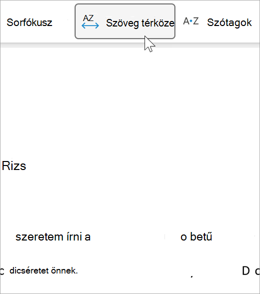 a modern olvasó szövegtérköz lehetőségének képernyőképe, amellyel nagyobb távolság van a betűk és a szavak között