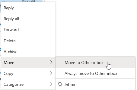 Képernyőkép a jobb gombbal kattintva megjelenő menüről, amelyen az Áthelyezés más beérkezett üzenetek mappába és az Áthelyezés mindig az Egyéb beérkezett üzenetek mappába lehetőség látható.
