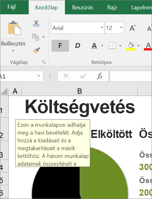 Képernyőfelvétel az Excel felhasználói felületéről, beépített utasítással