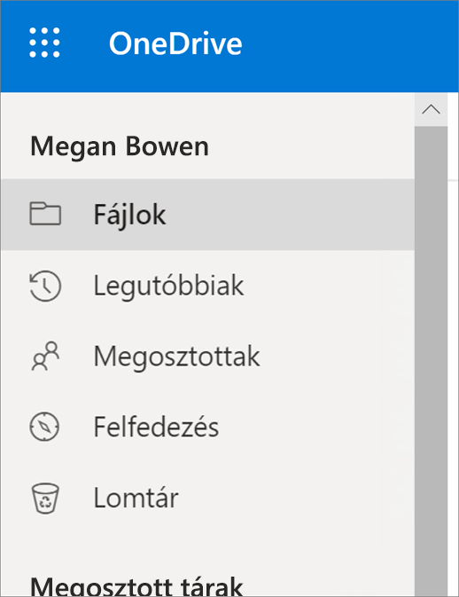 A Nézet menüje a OneDrive