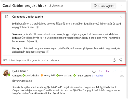Az e-mail-szál összefoglalása a Copilot által létrehozott idézetekkel.